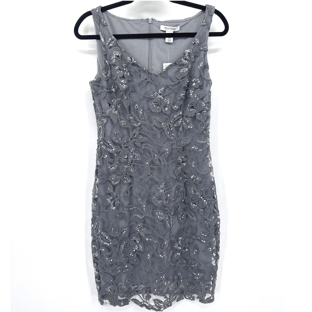 White House Black Market Sheath Dress Sz 4 Ash Grey Lace Sequin Cocktail Party